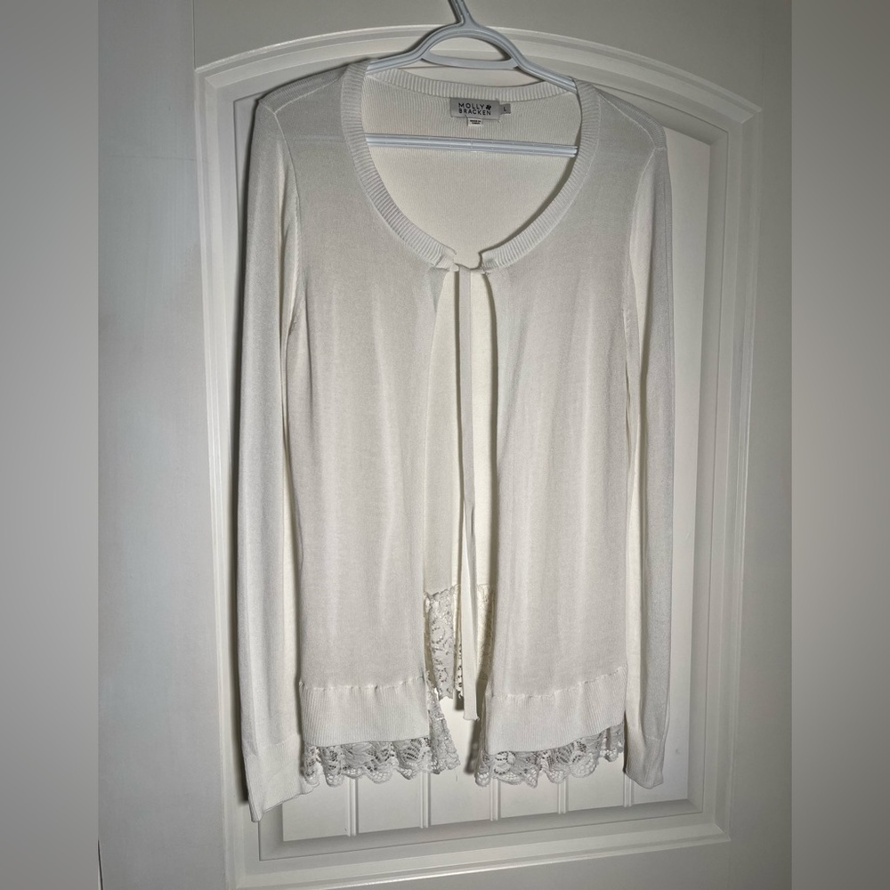 Molly Bracken white Lace Trim Cardigan with tie neck